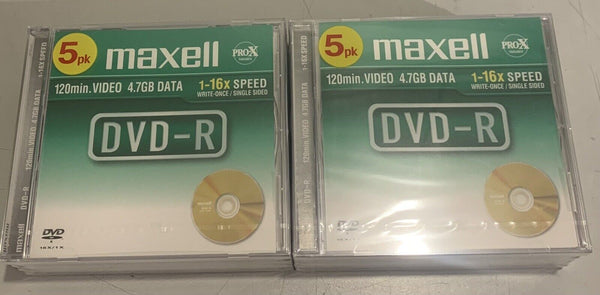 Lot de 2 X 5 MAXELL DVD-R 120 Min 4.7 GB Data 1-16x Speed Neuf (10 DVD Au Total)  Maxell   