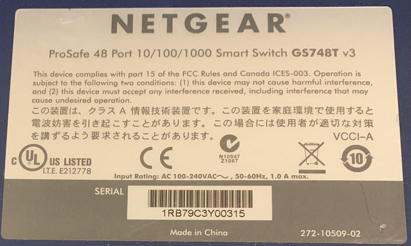 Gigabit Smart Switch NETGEAR GS748T v3 avec supports de fixation  NETGEAR   