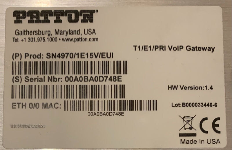 Passerelle VoIP Patton SmartNode Enterprise T1/E1 VoIP Gateway SN4970/1E15V/EUI Informatique, réseaux:Réseau, connectivité domestiq.:Adaptateurs téléphones VoiP Patton   